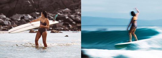 Two images show a woman carrying a surfboard, then catching a wave. 