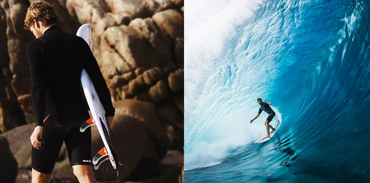 A man walks with a surfboard, while another image shows him surfing a big wave.